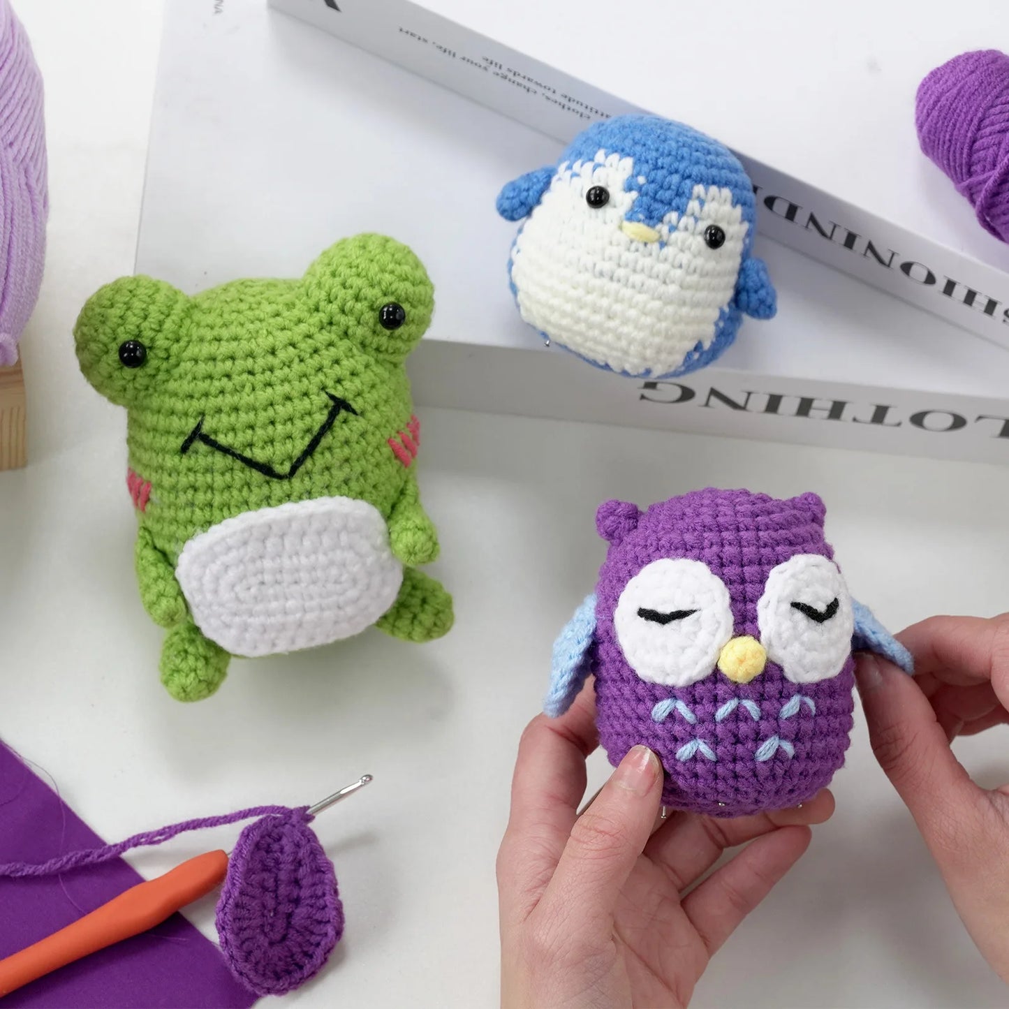 3Pcs Complete Crochet Kit Frog/Owl/Penguin Cute Animal Crochet Set