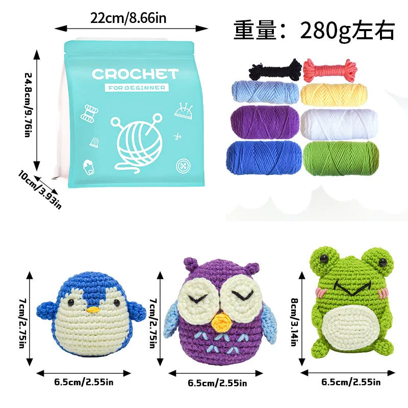3Pcs Complete Crochet Kit Frog/Owl/Penguin Cute Animal Crochet Set